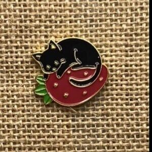 NEW Black Cat Hugging a Strawberry Enamel Pin